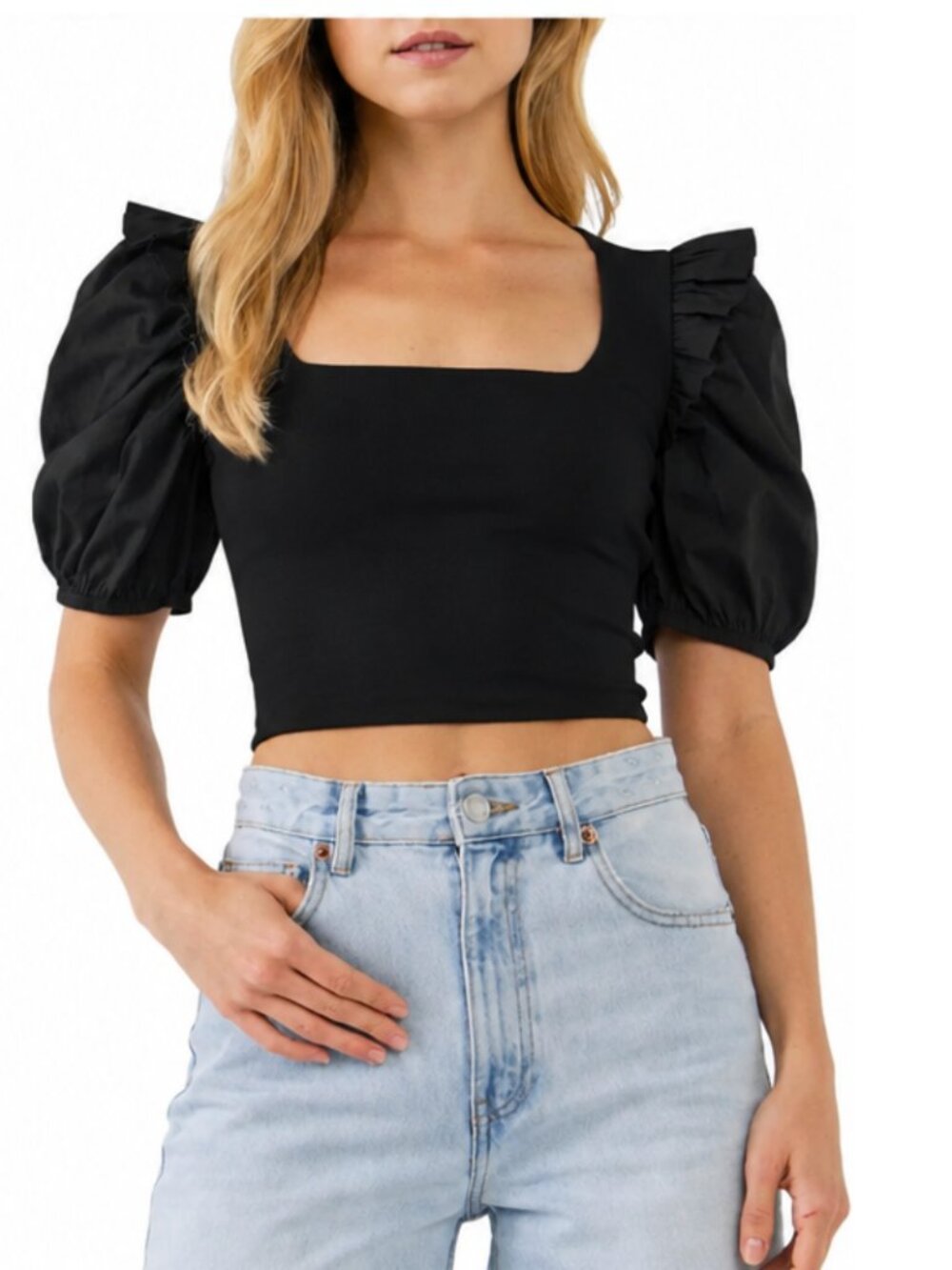English Factory Black Puff Sleeve Square Neck Crop Top Women’s Large